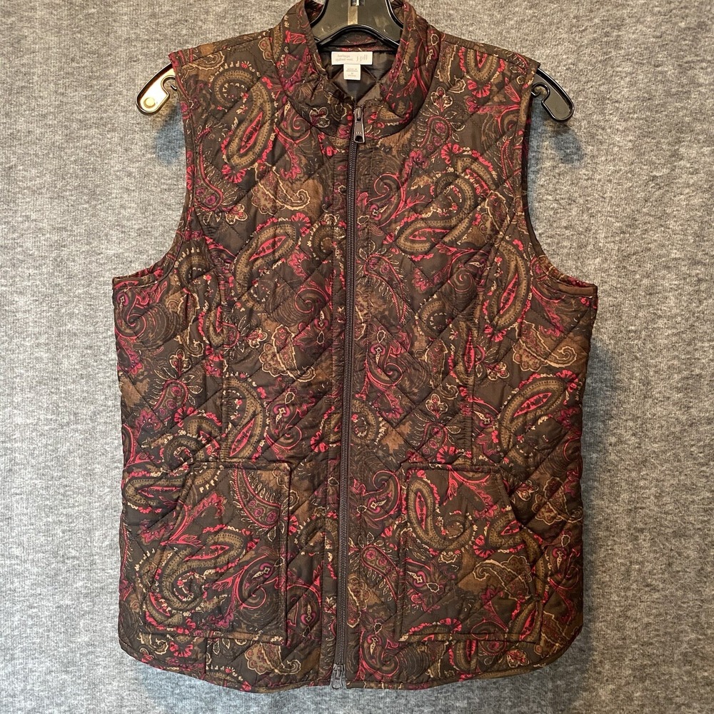 J Jill Quilted Vest Women M Petite Paisley Heritage Zip Equestrian Outdoor Cabin
